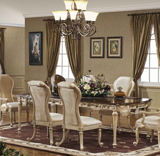 Casabella Dining Table shown in Egyptian Pearl with Antique Cognac top