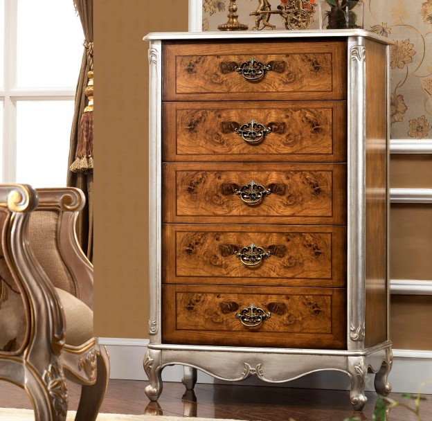 Leighton Tall Chest shown in Antique Silver Leaf and Vintage Cohiba finish