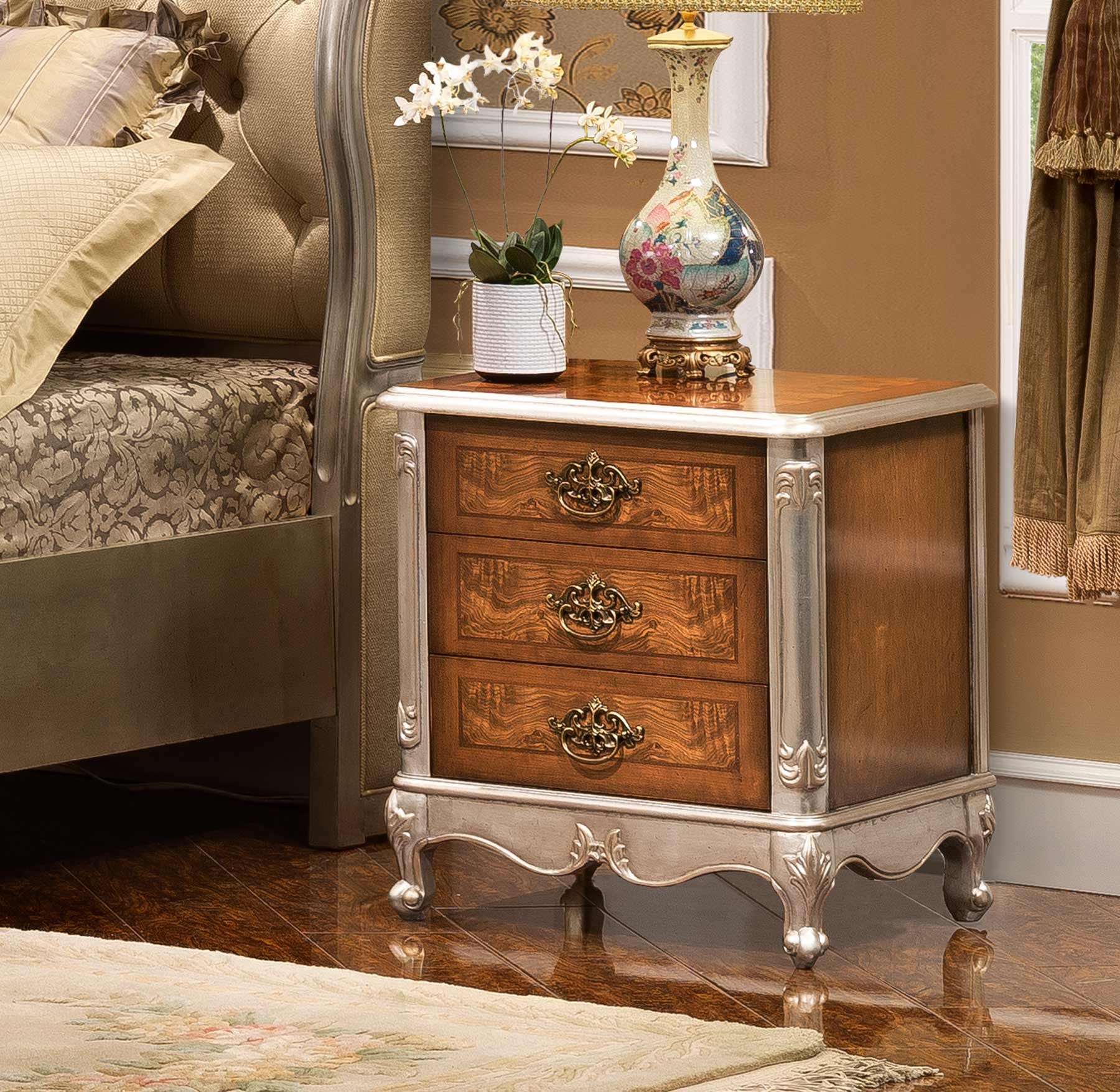 Leighton Nightstand shown in Antique Cohiba and Antique Silver Leaf finish